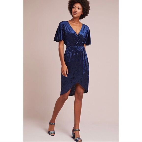 NEW Anthropologie Sunday in Brooklyn Navy Velvet Plisse Wrap Dress Small Petite